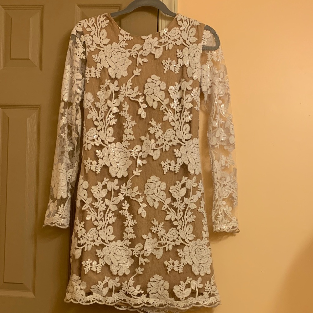 Dress the Population White Floral Lace Long Sleeve Dress on Nude Slip